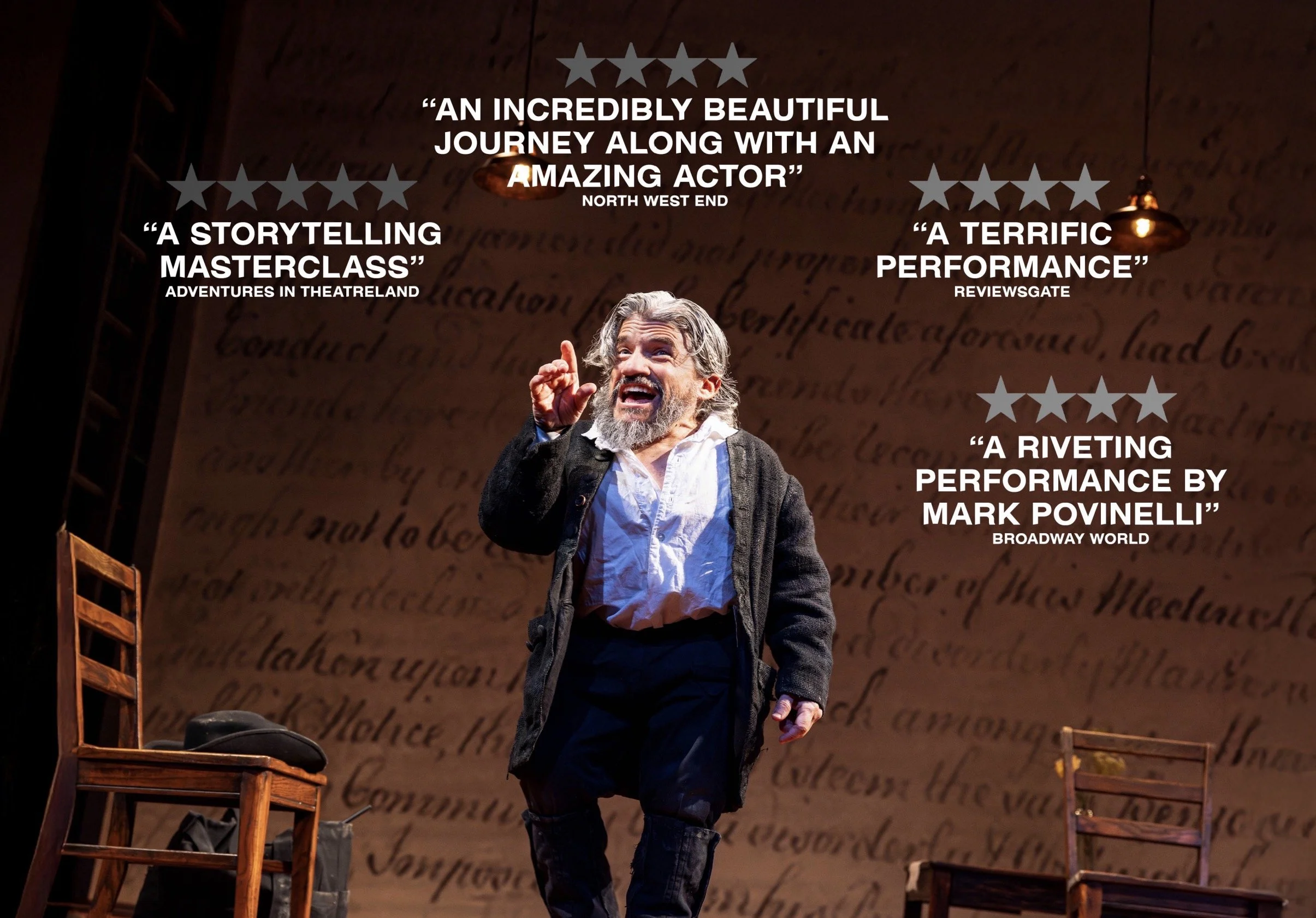 Actor portraying Benjamin Lay on stage with audience review quotes in the background