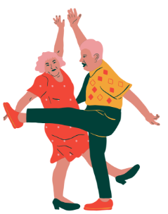 Illustration of older adults dancing together to support coordination, movement, and cognitive health
