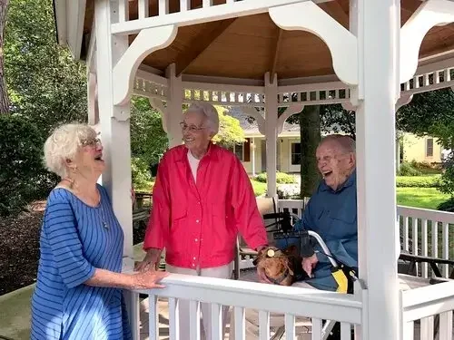 Residents laughing together in a garden gazebo.