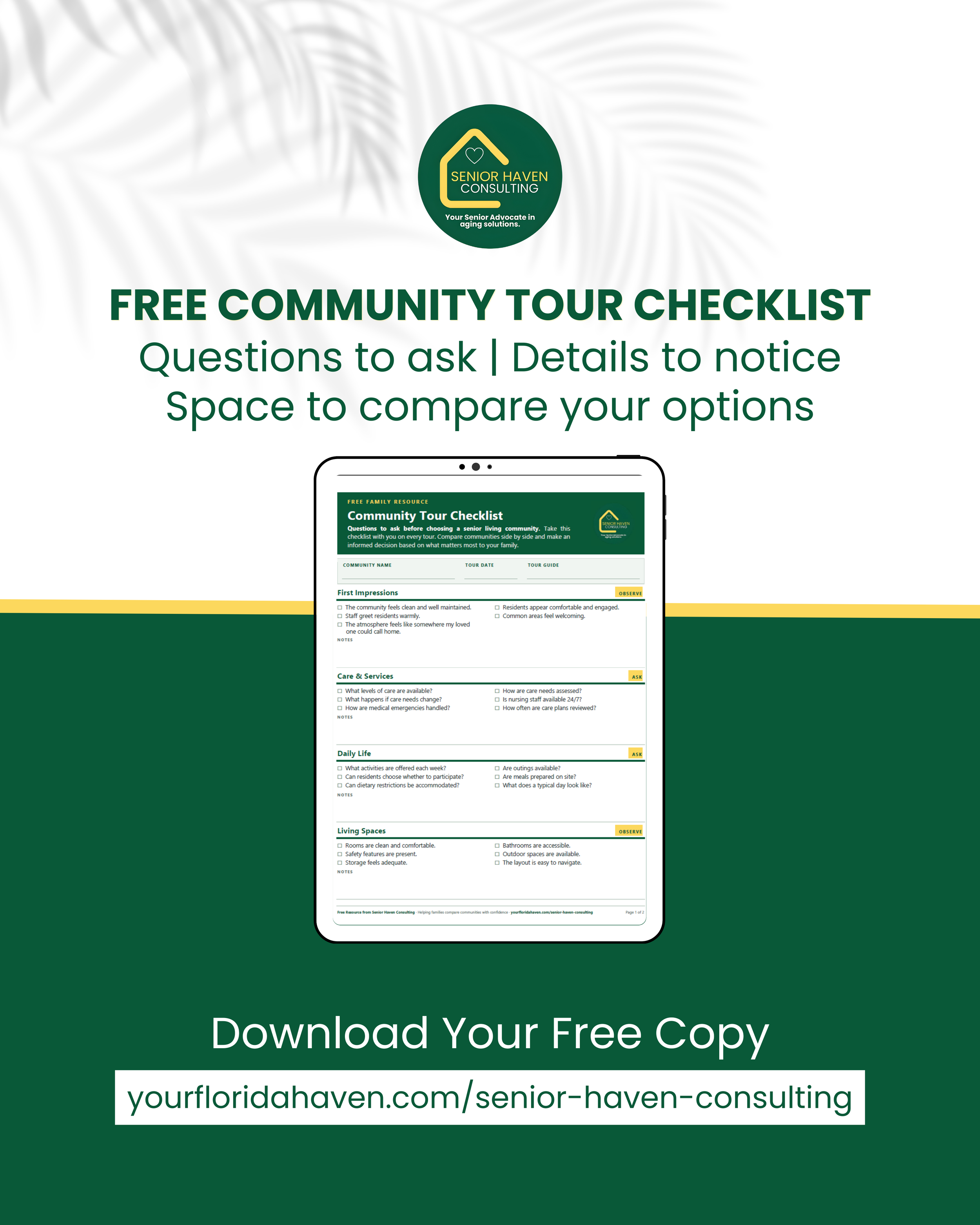 Free Senior Haven Consulting community tour checklist with questions to help seniors and families compare senior living communities.