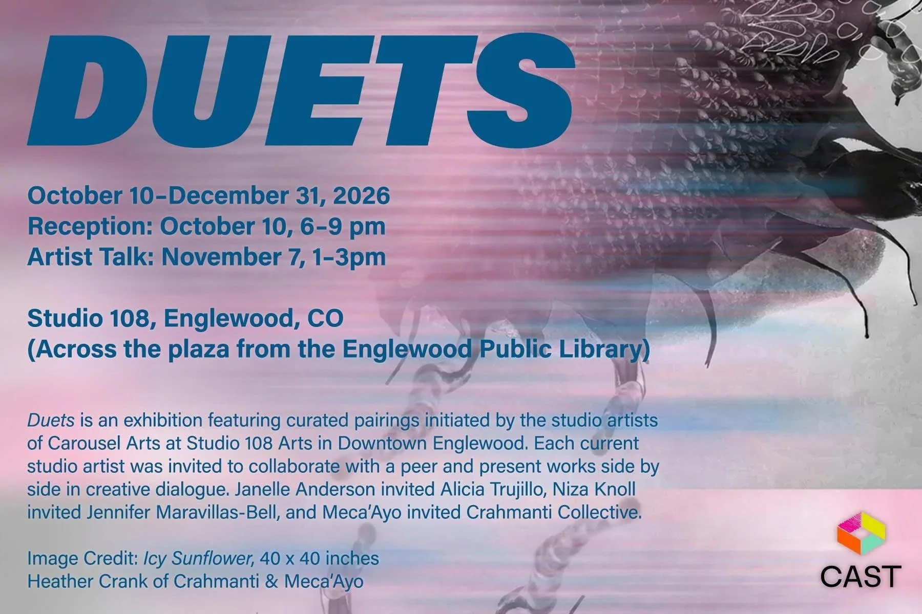 Duets is an exhibition featuring curated pairings initiated by the studio artists of Carousel Arts at Studio 108 Arts in Downtown Englewood. Each current studio artist was invited to collaborate with a peer and present works side by side in creative 