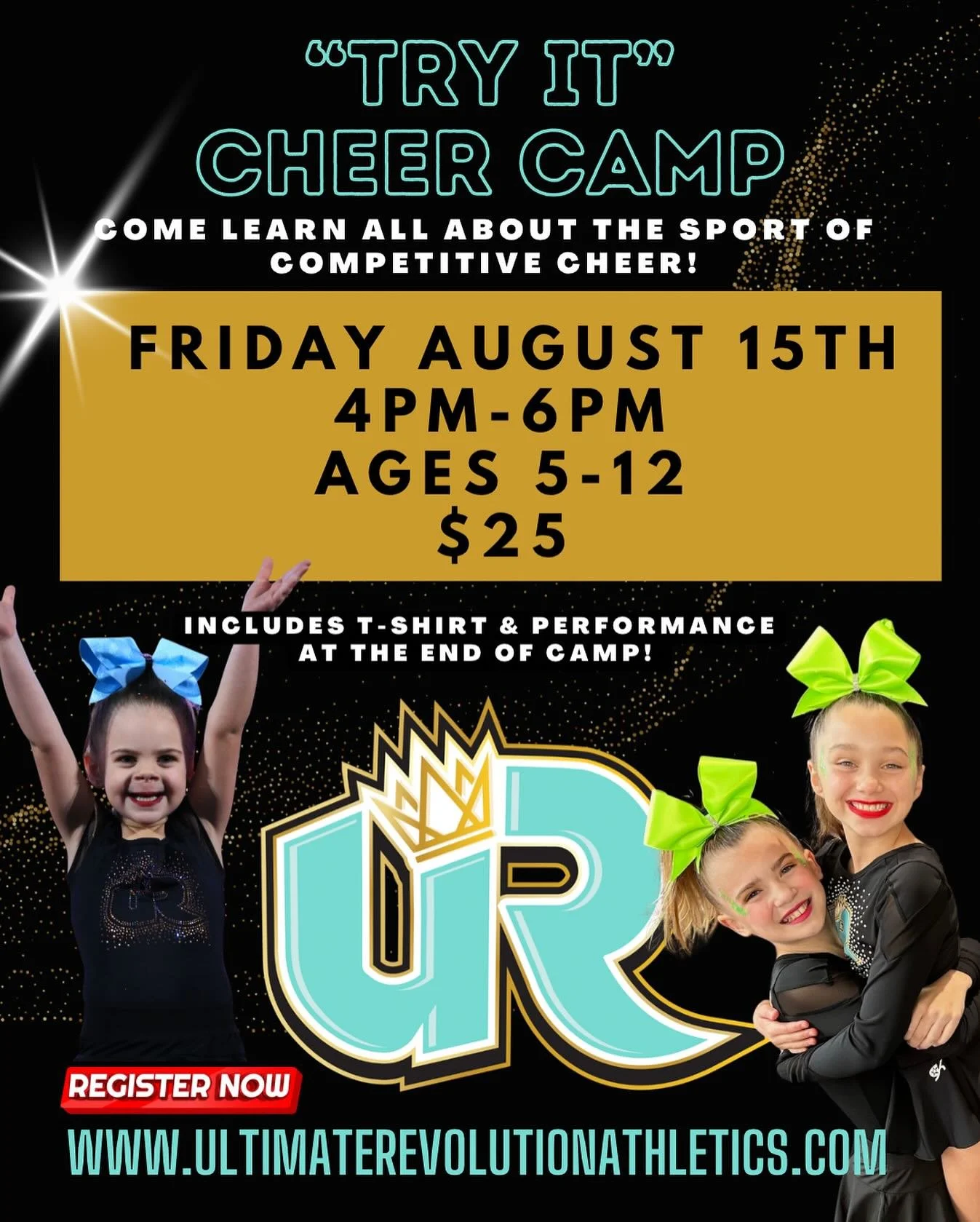 ๐ Ready to Jump, Tumble,
and Dance ? ๐
Join us for our “Try It” Cheer Camp on Friday, August 15th from 4–6 PM! ๐ค๐ฉต
๐Ages 5–12 • Only $25 • Includes T-shirt & end-of-camp performance
๐ Come learn all about