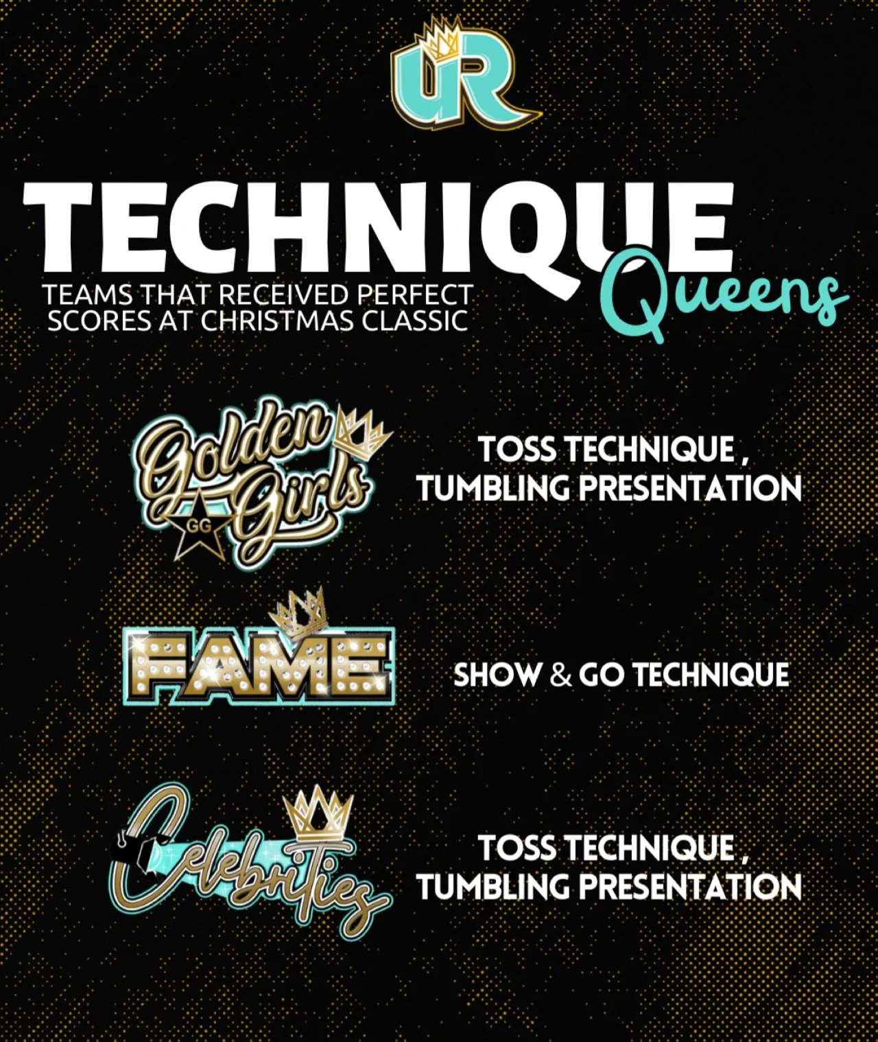 𝑻𝑬𝑪𝑯𝑵𝑰𝑸𝑼𝑬 𝑻𝑼𝑬𝑺𝑫𝑨𝒀💪🏼✨
Today we are shouting out teams that had 𝓹𝓮𝓻𝓯𝓮𝓬𝓽 technique scores at CHRISTMAS CLASSIC! Way to go girls🥳 

&bull;
&bull;
&bull;
#URA #BTURA4E #JoinTheRevolution