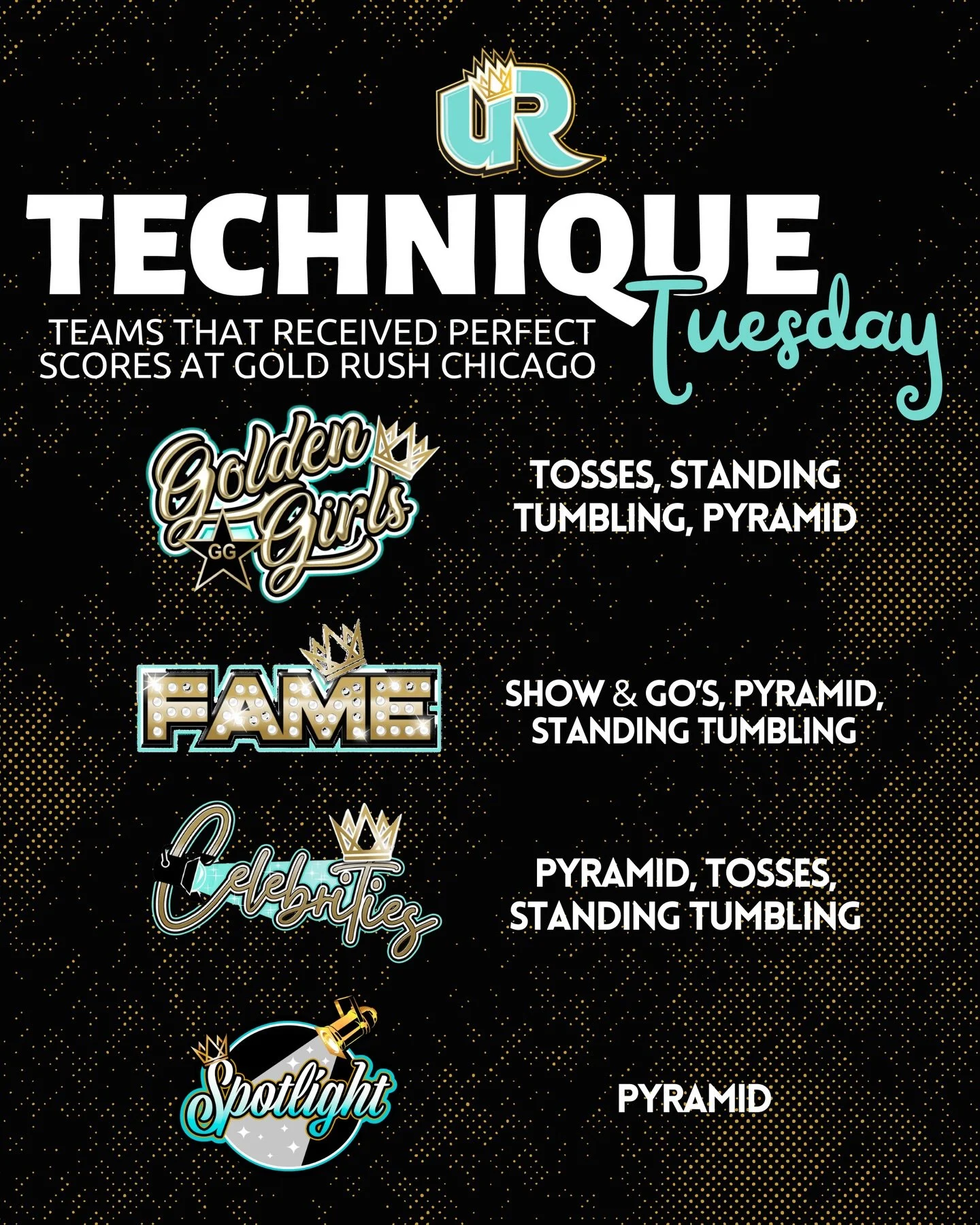 𝑻𝑬𝑪𝑯𝑵𝑰𝑸𝑼𝑬 𝑻𝑼𝑬𝑺𝑫𝑨𝒀💪🏼✨
Today we are shouting out teams that had 𝓹𝓮𝓻𝓯𝓮𝓬𝓽 technique scores at GOLD RUSH CHICAGO! Way to go girls🥳 

&bull;
&bull;
&bull;
#URA #BTURA4E #JoinTheRevolution