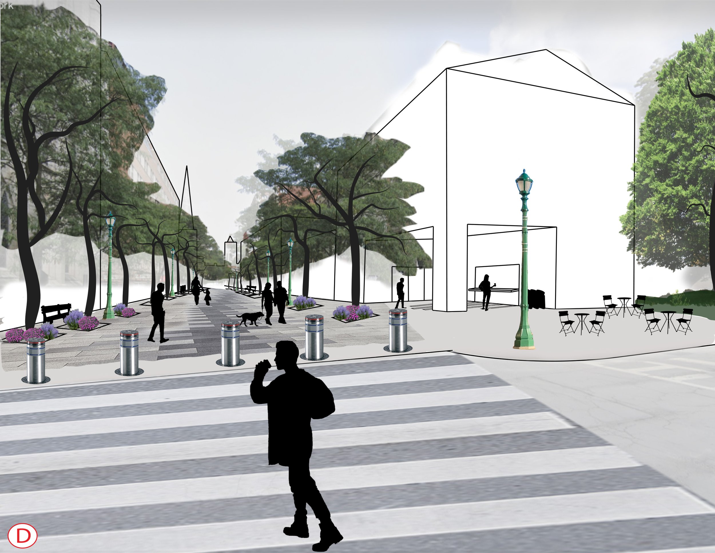 Intersection of Montgomery St. and E. Jefferson St. showing pedestrian street on Montgomery and proposed mixed-use building