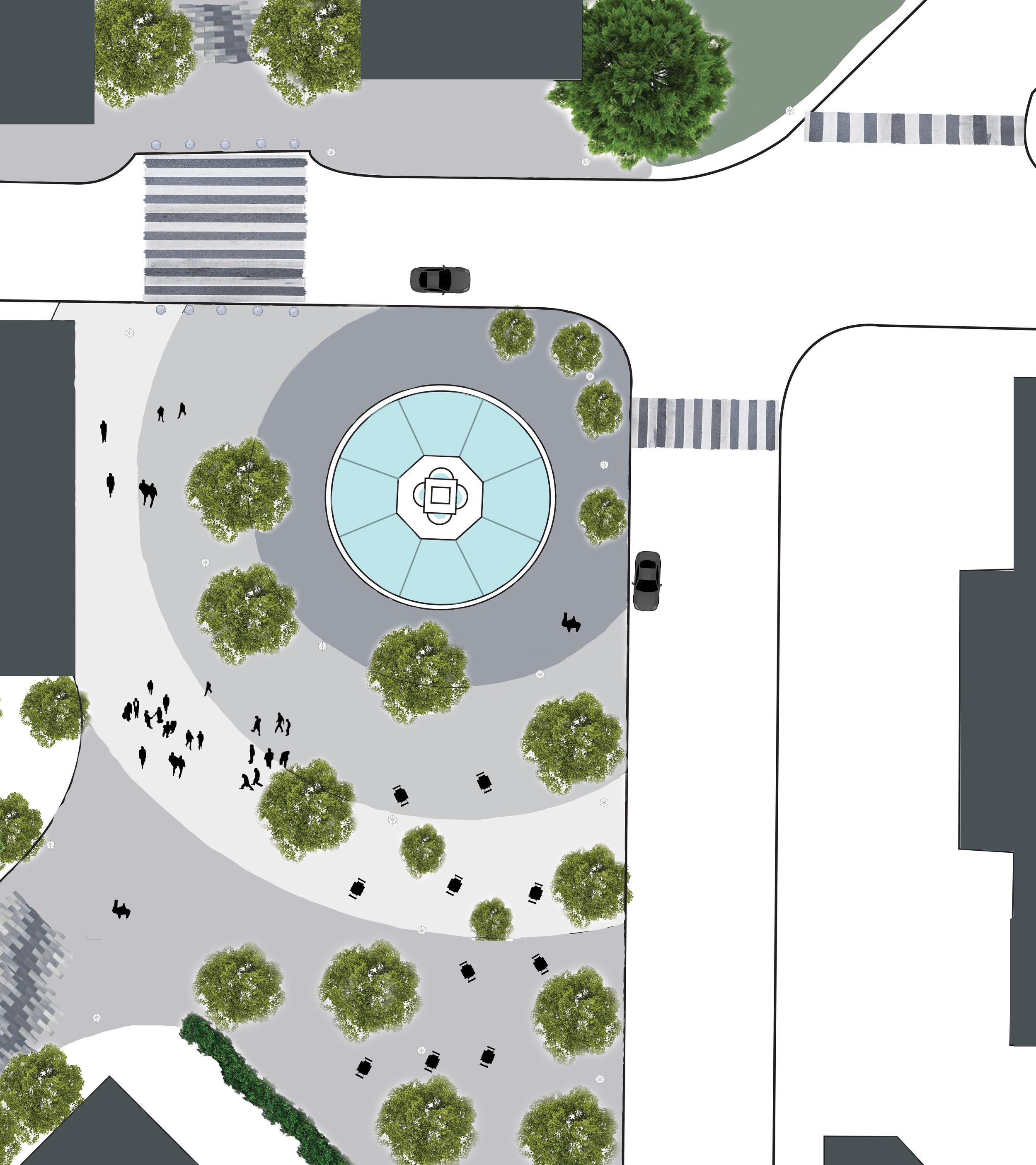 Columbus Square with more seating and tree plantings