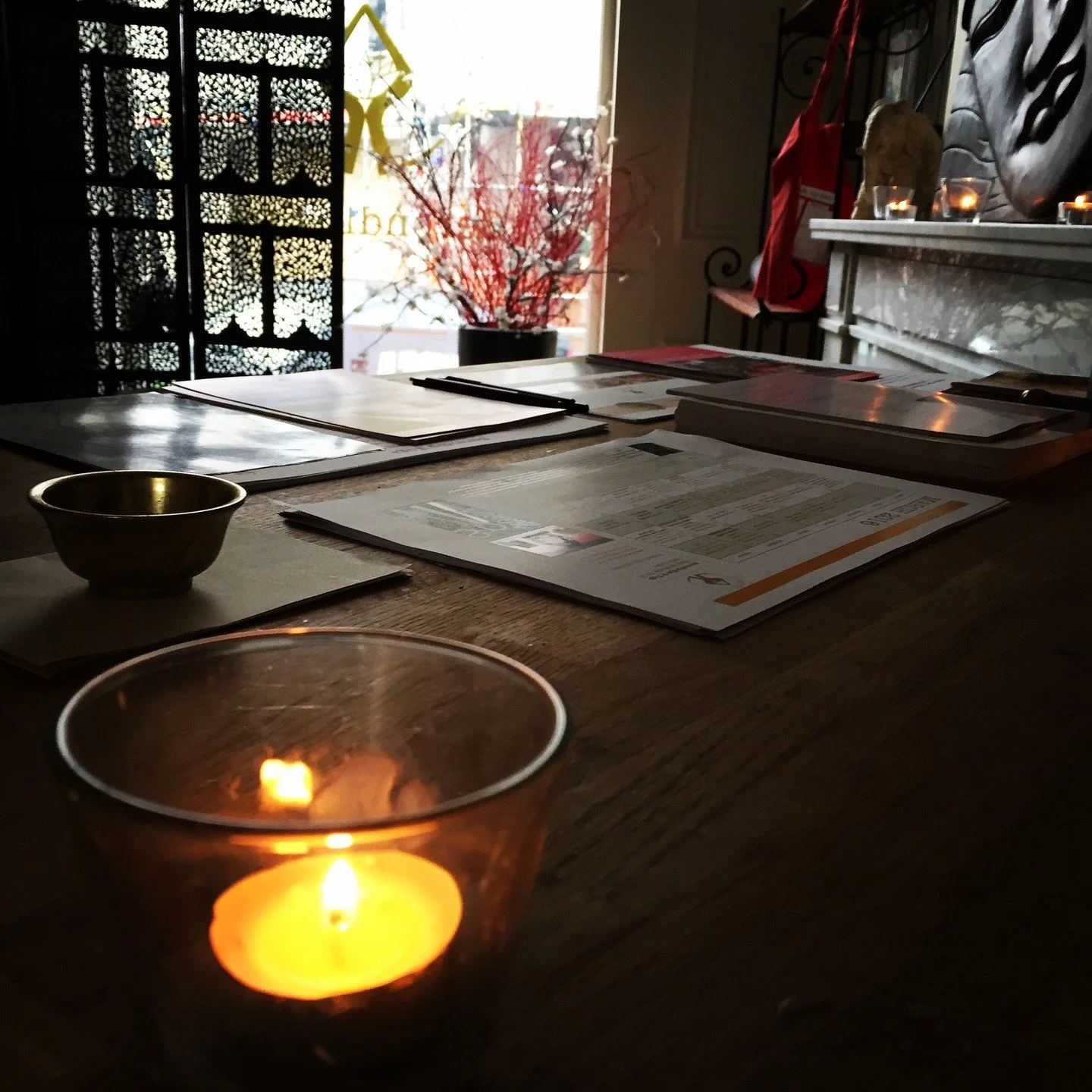VIEW from... the greeting desk in our studio! In our VIEW series, we like to show our SERENDIP places from different angles (or even, from yoga poses)!
This view shown, in front of us - and behind us, is our Sunday Morning Meditation in preparation.
