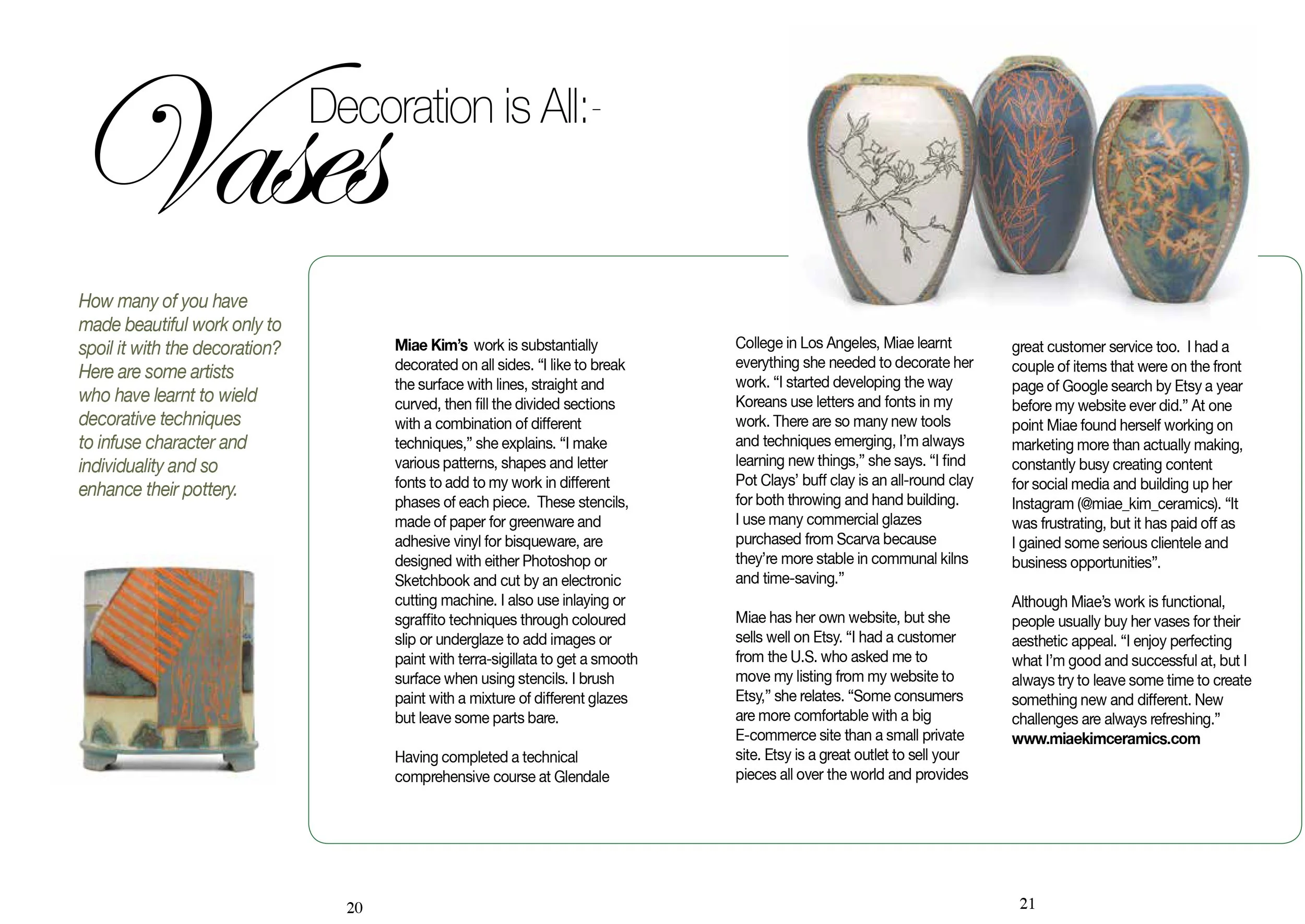 Magazine spread discussing decorative pottery, featuring a headline "Decoration is All: Vases" and images of three vases with intricate designs. Text describes Miae Kim's pottery methods and experiences. Additional decorative techniques and personal insights are highlighted along with her website link.