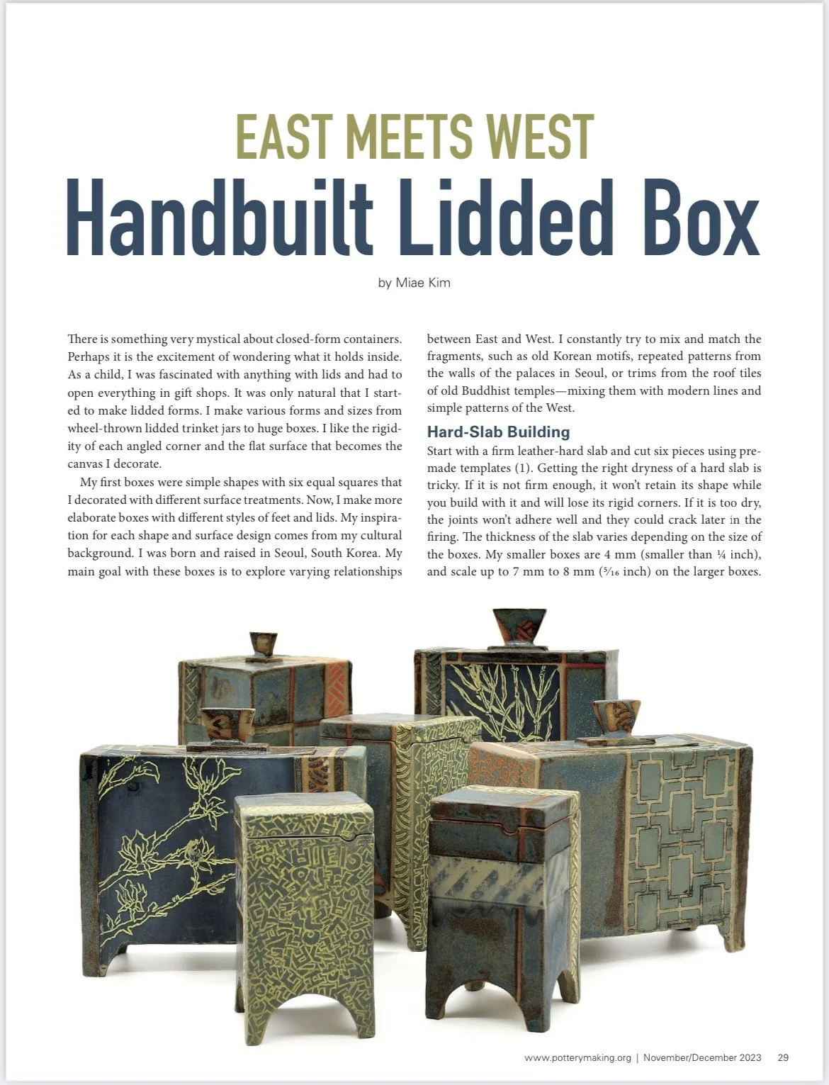 Magazine page featuring an article titled "East Meets West: Handbuilt Lidded Box" by Miae Kim, including a photo of intricately designed ceramic boxes.