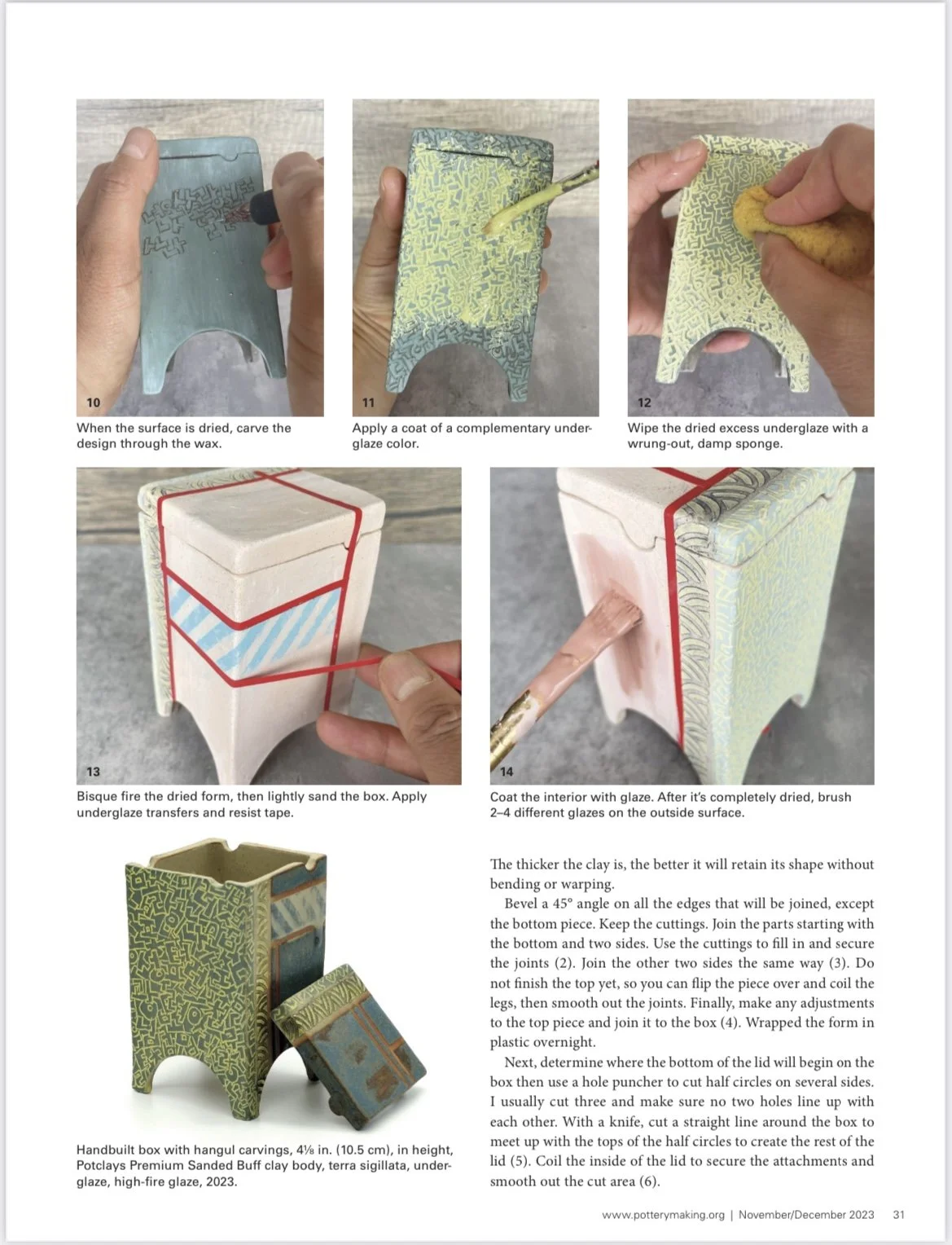 Step-by-step pottery decoration process with text and images, showing carving, applying underglaze, and transferring designs on a hand-built box.