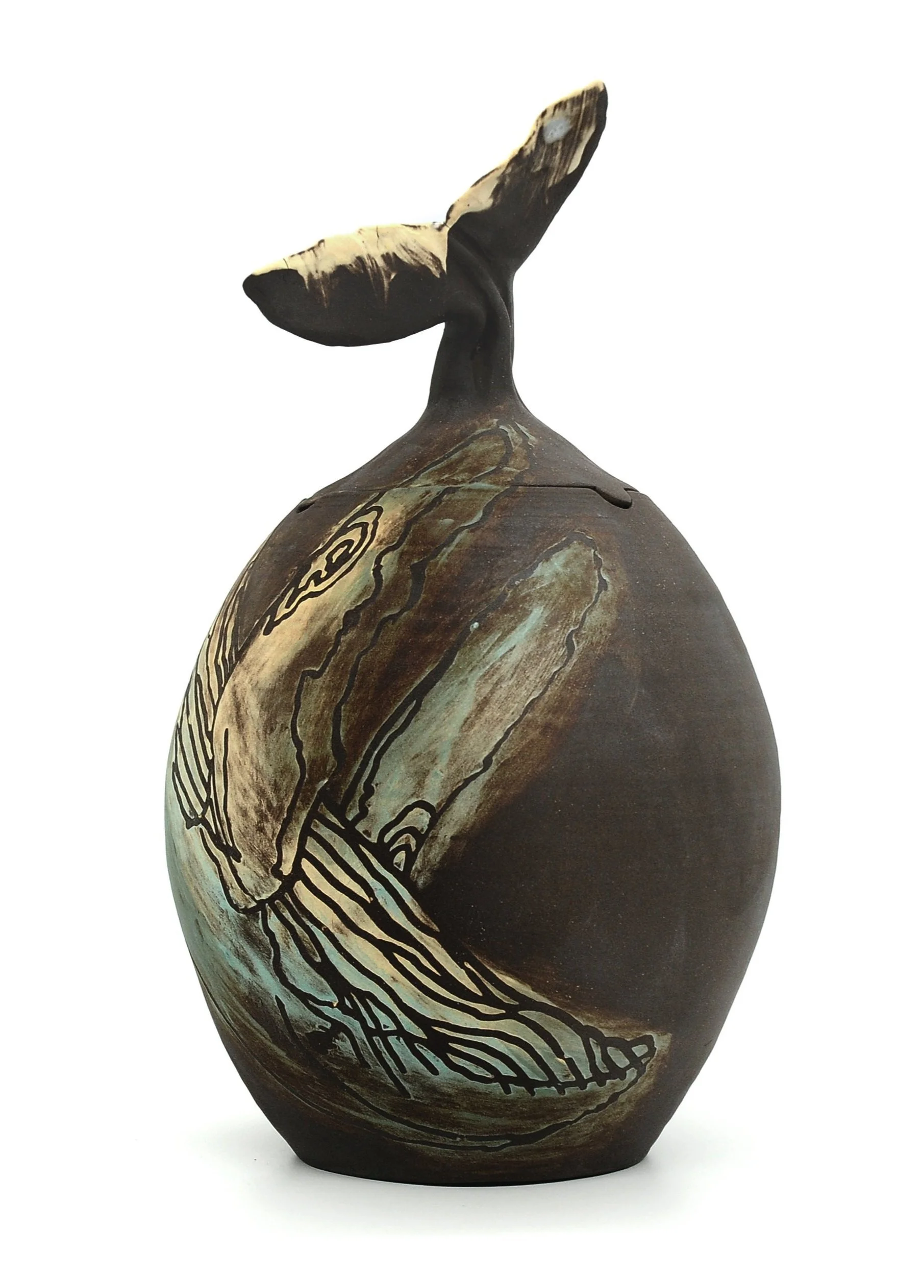 A ceramic vase with an artistic depiction of a whale, featuring the whale's tail on top and abstract lines and colors representing the whale's body on the surface.