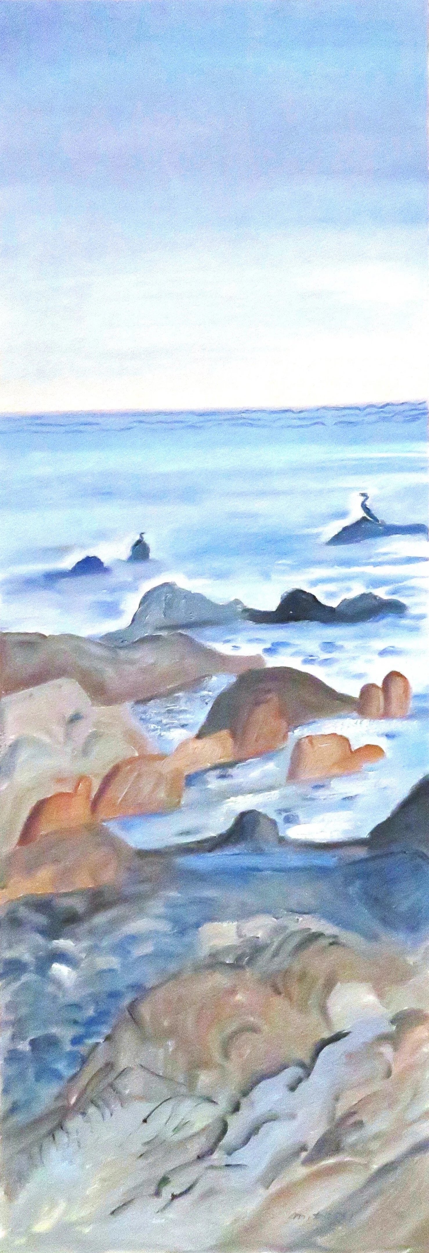 MOVING WATER WITH CORMORANTS
29" h x 10" w; oil on gessoed paper; 2025