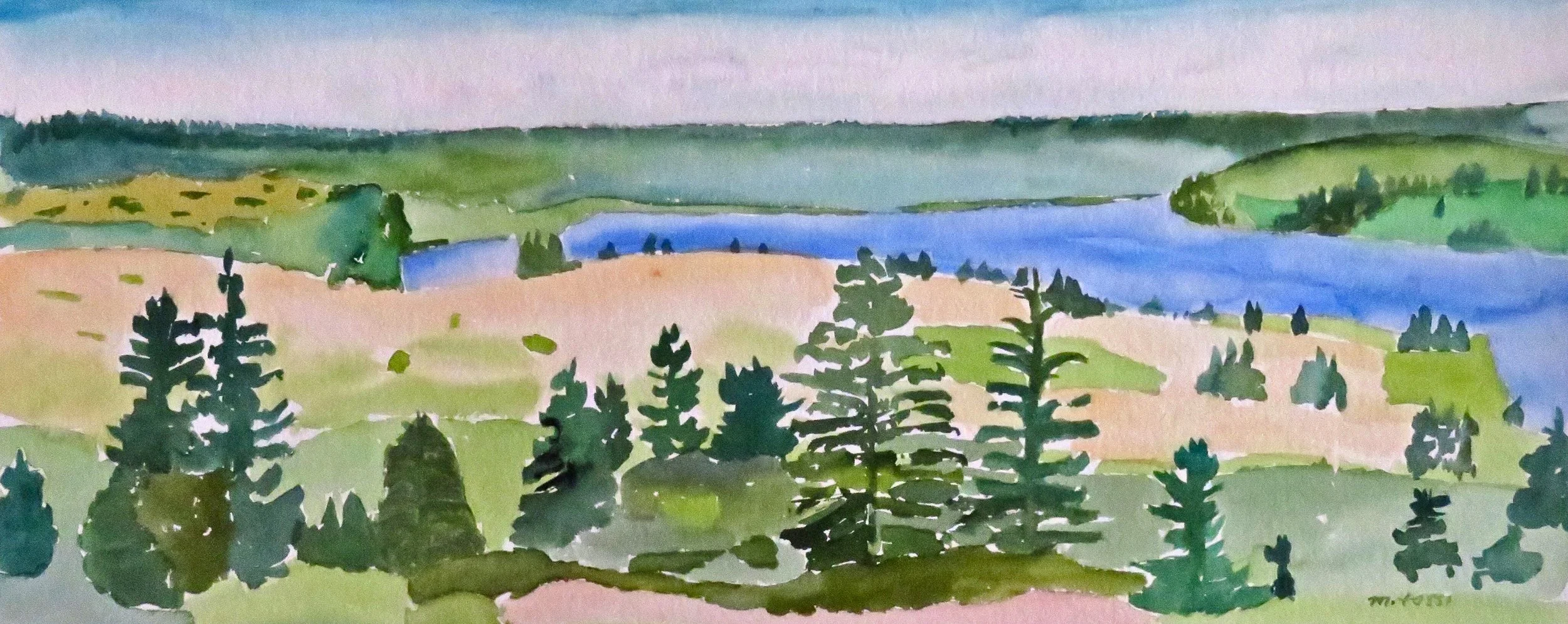 BLUE DAY, DARLING LAKE
9" h x 21 1/2" w; watercolor; 2025