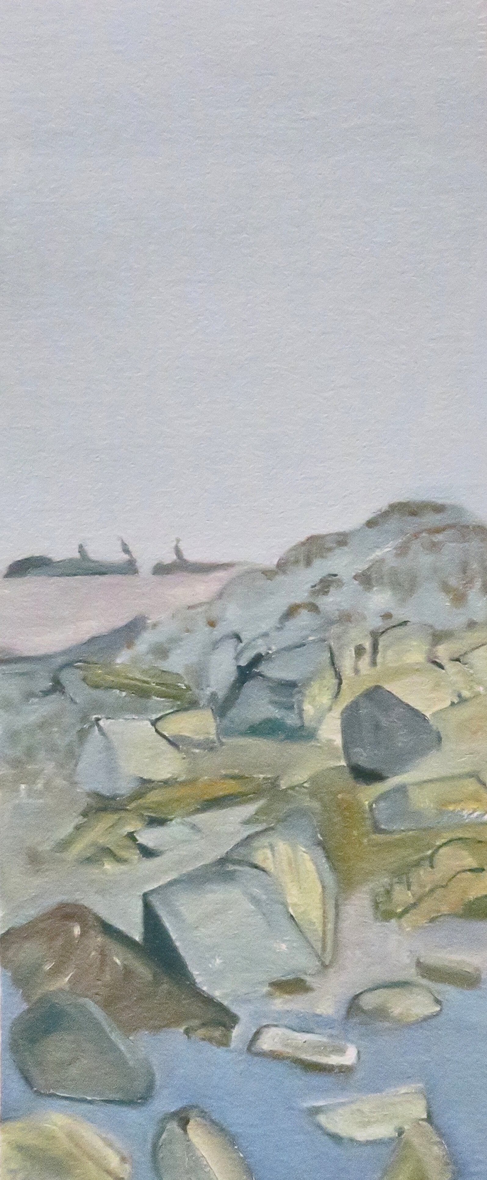 THREE CORMORANTS 
21 3/4 h x 9" w; oil on gessoed paper; 2024