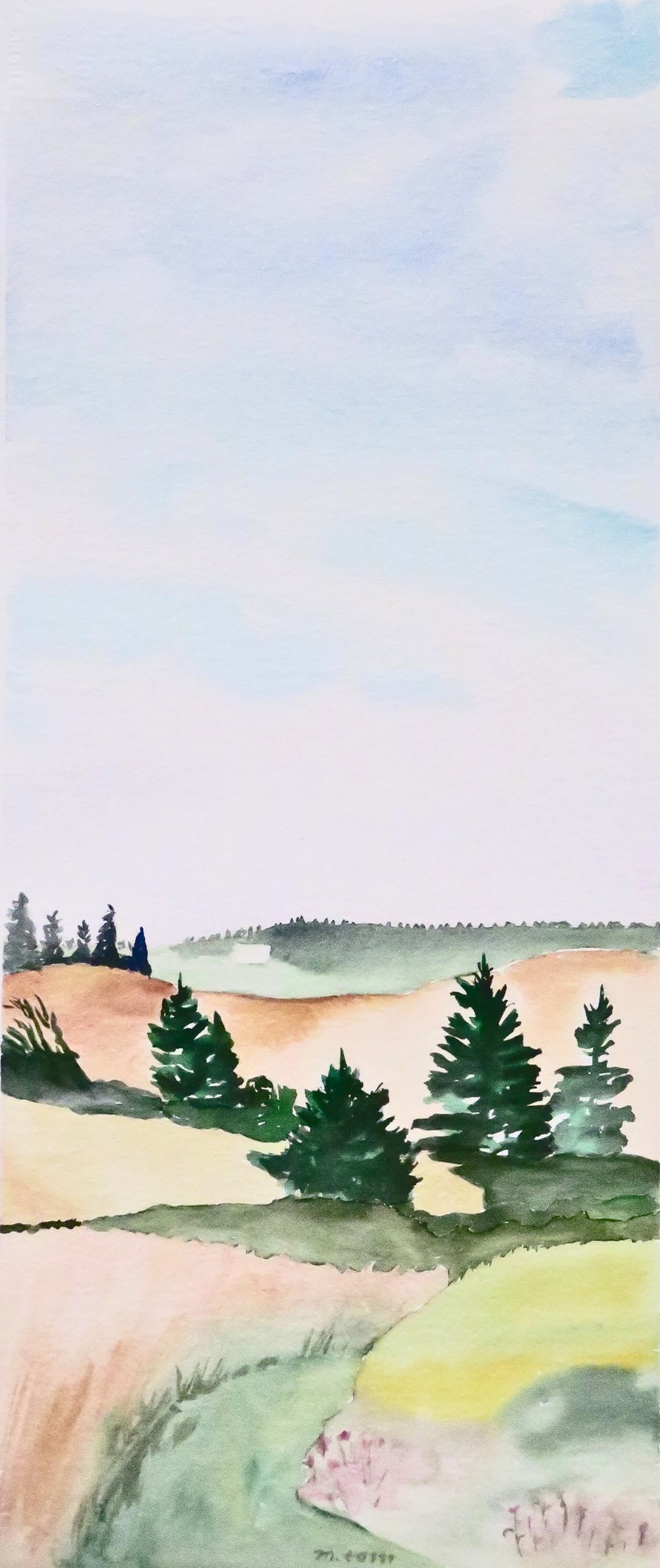 AUGUST FIELDS
21 1/2" h x 9" w; watercolor; 2025