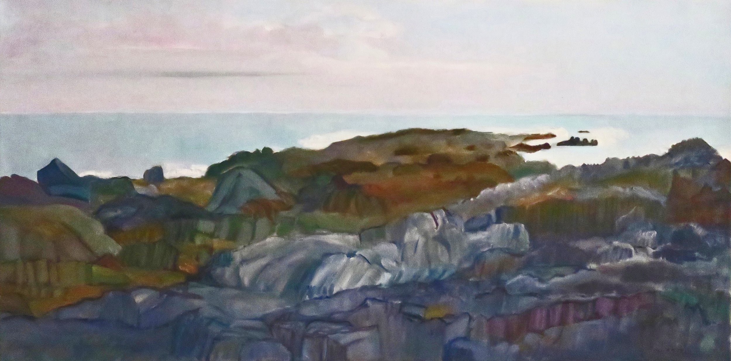 FROM A ROCKY PERCH
16" h x 32" w; oil on canvas; 2025