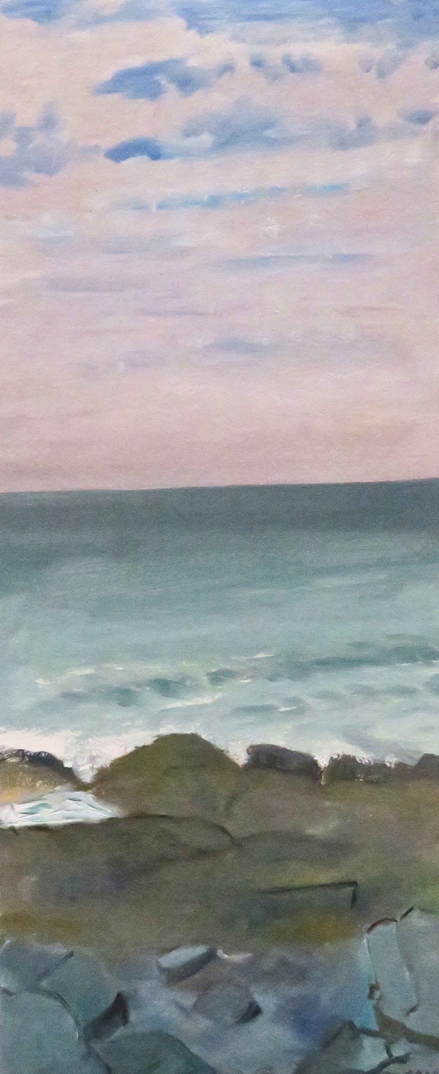 SHORT BEACH, FROM THE STEPS
21 1/4" h x 9 1/4" w; oil on gessoed paper; 2025