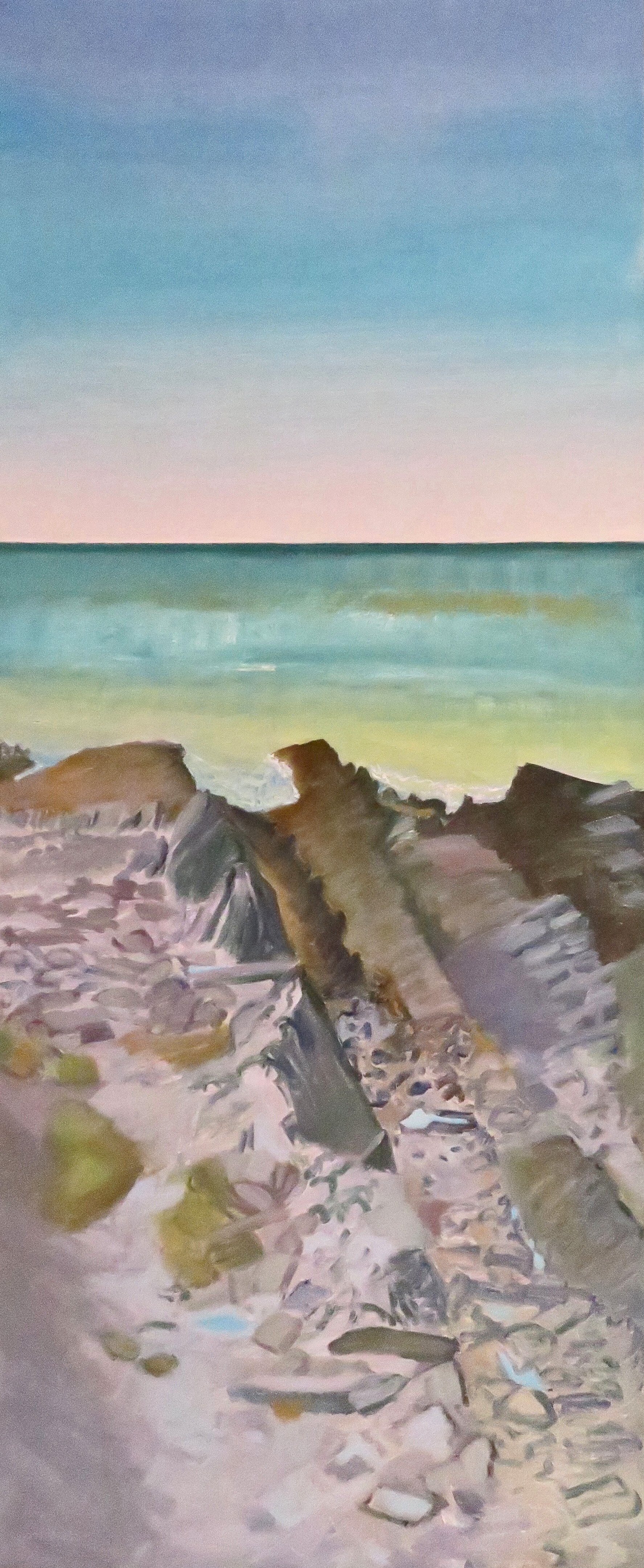 SHORT BEACH
36" h x 15" w; oil on canvas; 2025