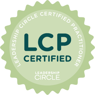 A circular badge with a light green background and dark green text that reads 'LCP Certified' and 'Leadership Circle,' indicating certification from Leadership Circle.