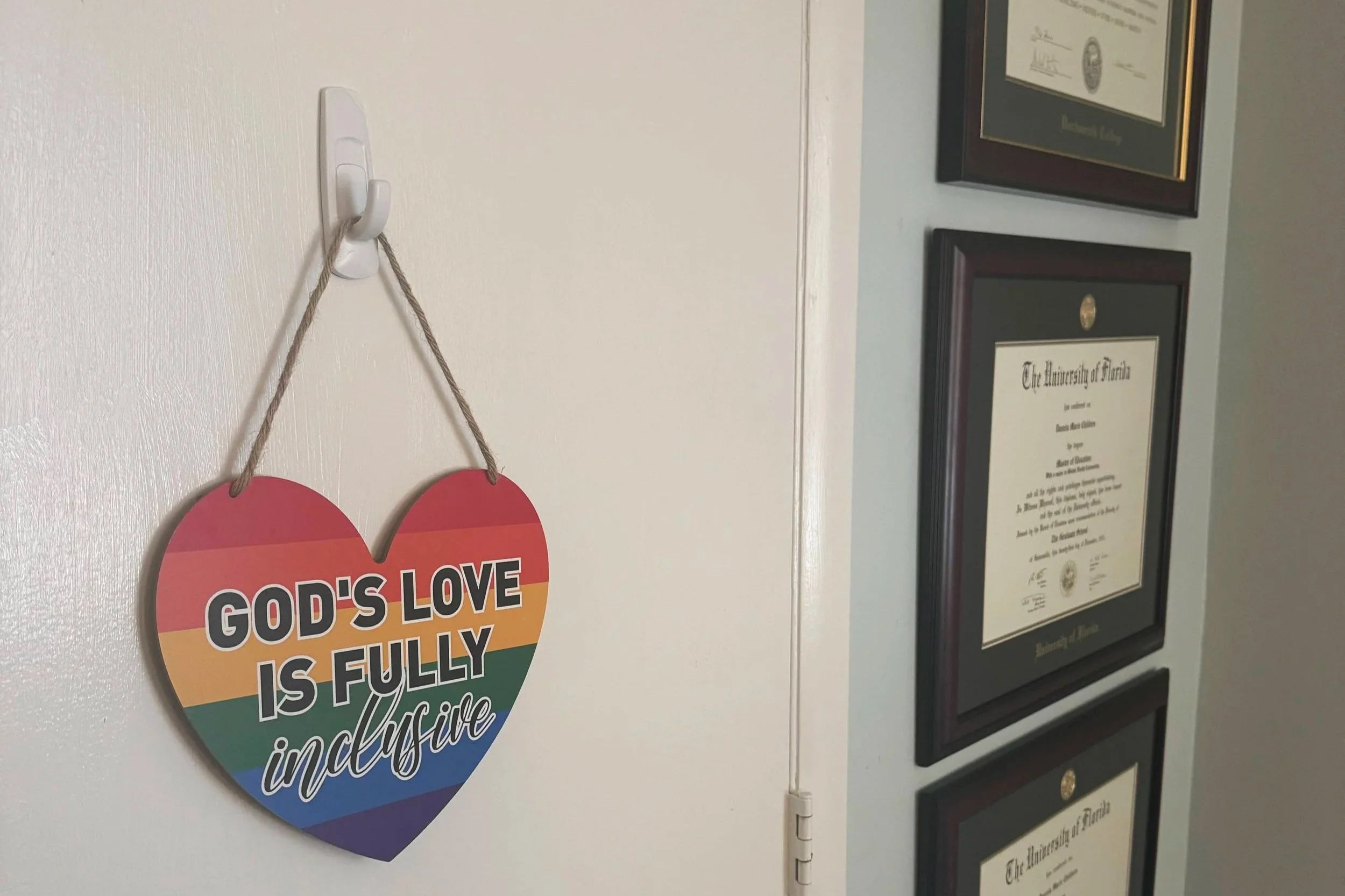 Dartmouth College undergraduate degree in therapist's office and university of florida masters degree and education specialist degree. LGBTQ+ friendly counseling, spiritual counseling