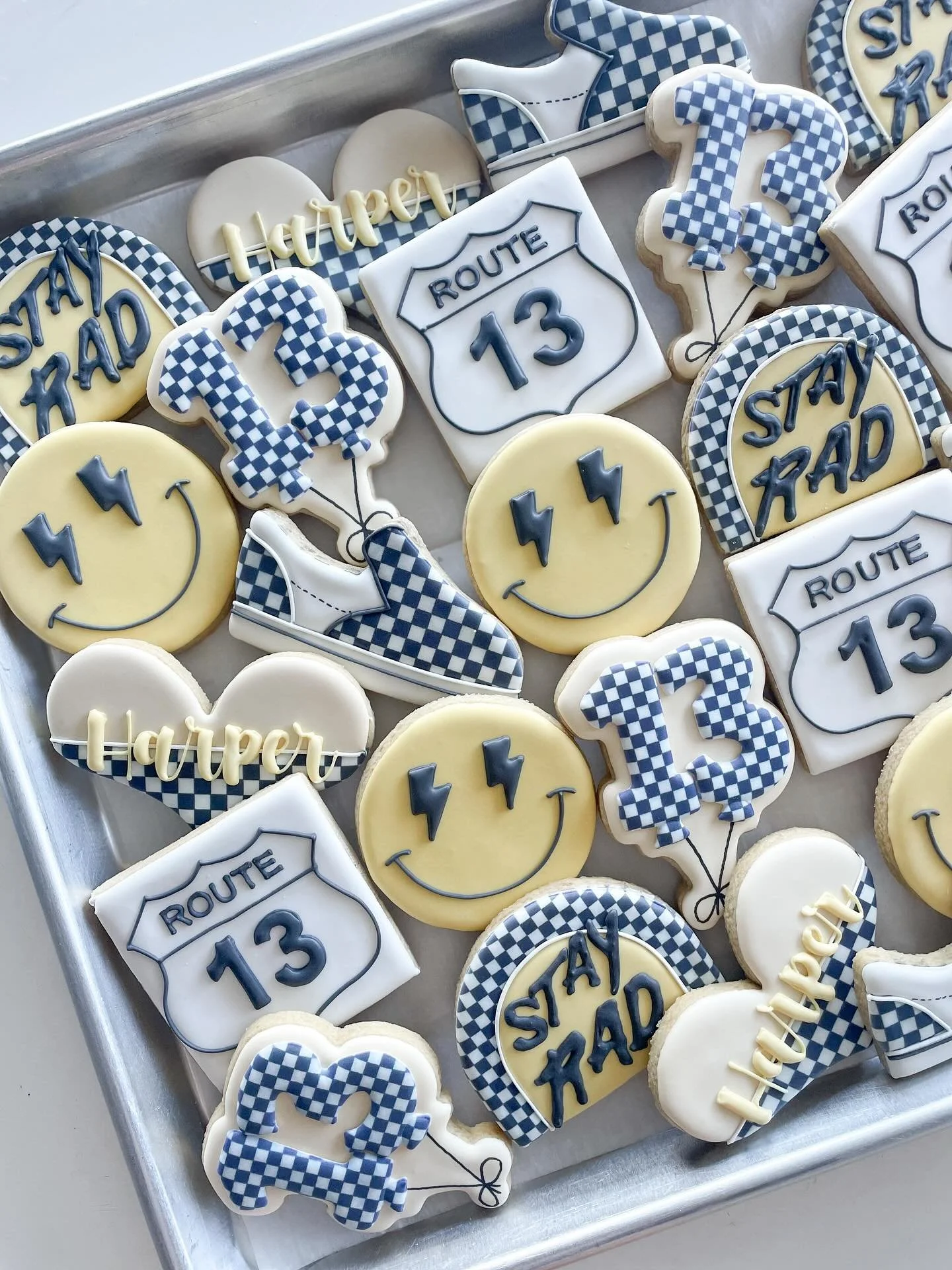 BRUH. It&rsquo;s Harper&rsquo;s 13th birthday! 🖤⚡️🤍
.
.
.
#birthdaycookies #checkeredcookies #skatercookies #vanscookies
