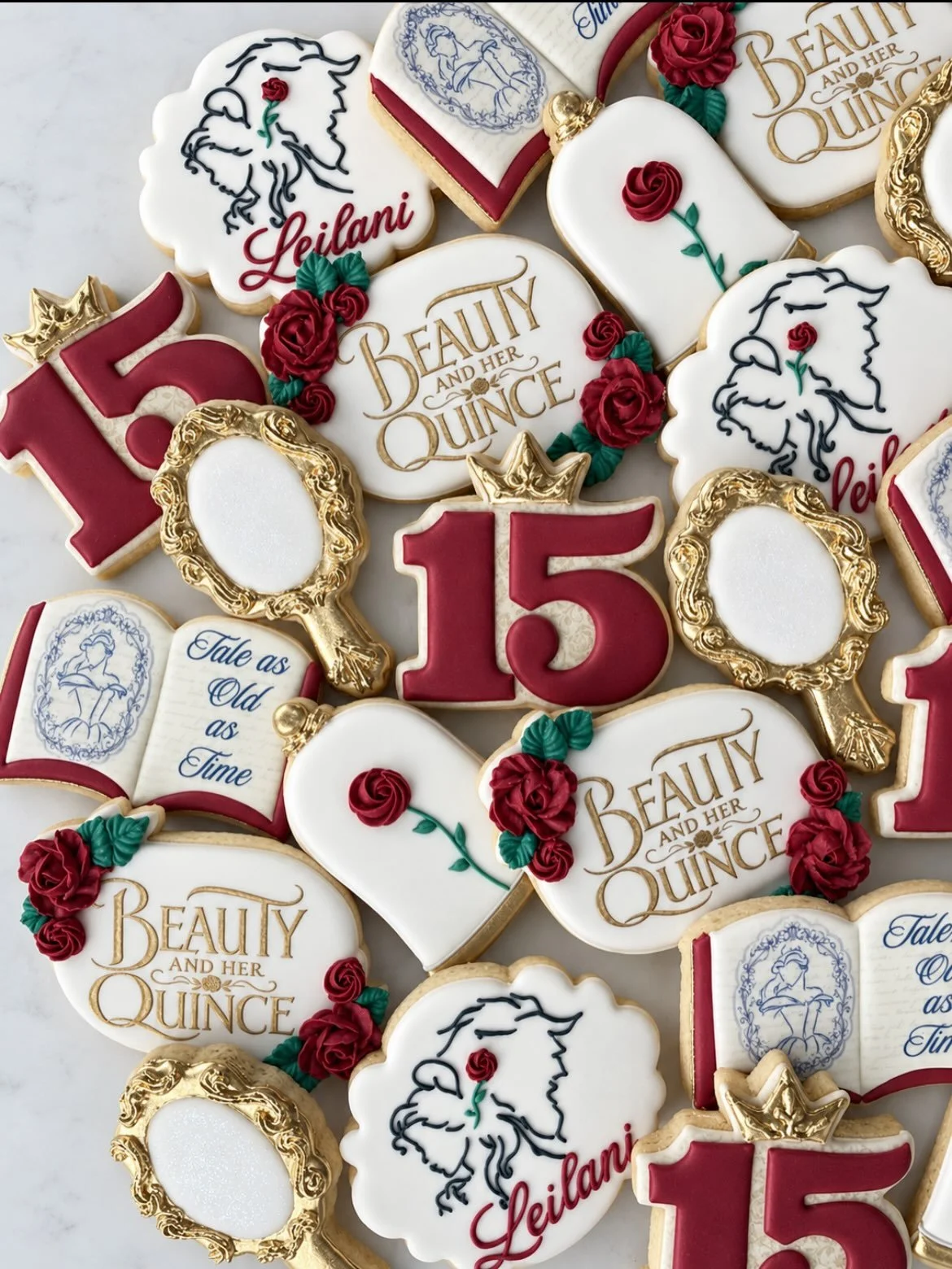 Celebrating Leilani&rsquo;s Quincea&ntilde;era, Beauty &amp; the Beast style 🥀&hearts;️👑
.
.
.#quinceaneracookies #birthdaycookies #beautyandthebeastcookies #fancycookies #oahuevents