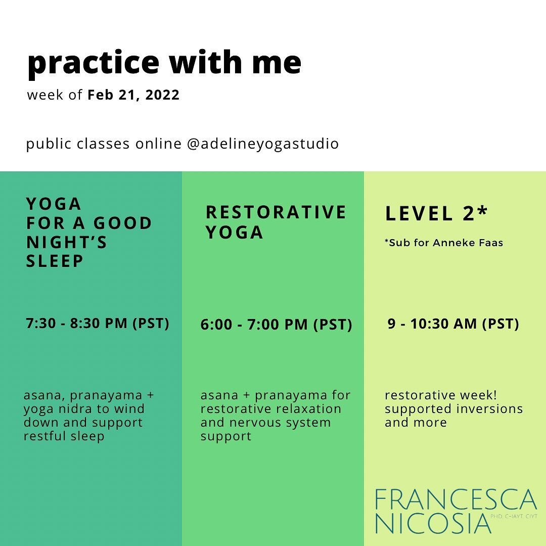 🥰 Practice with me online @adelineyogastudio for my weekly restorative yoga and sleep support classes. 

🤩 Bonus class on Saturday morning - I&rsquo;m subbing for @annekefaas - such a treat! 

💚 Signup @adelineyogastudio or my #linkinbio👆 
.
.
.
