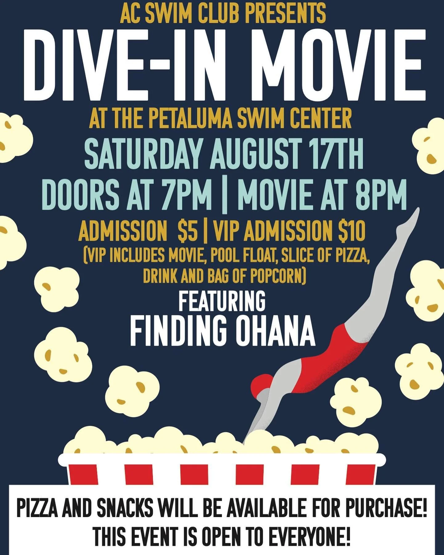 Please join us on Saturday, August 17th at 7pm (movie starts at 8pm). There will be pizza, popcorn, cookies, drinks & pool floaties available for purchase. All you need to bring is your towel and chair. This event is open to friends, families, an