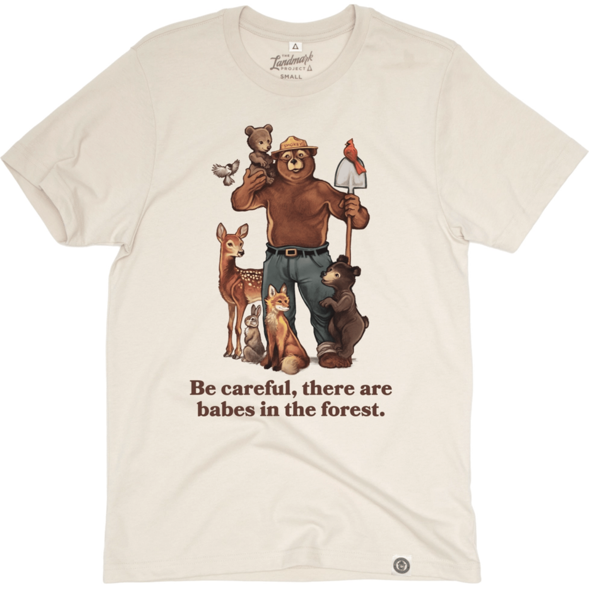 Babes in the Forest Tee – Smokey Bear Graphic Shirt (Dune, Unisex, Sustainable Cotton Blend)