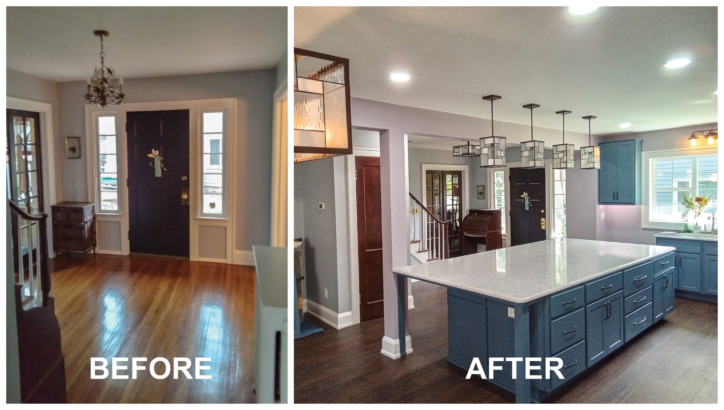 Before and after image showing demo of kitchen wall and finished kitchen