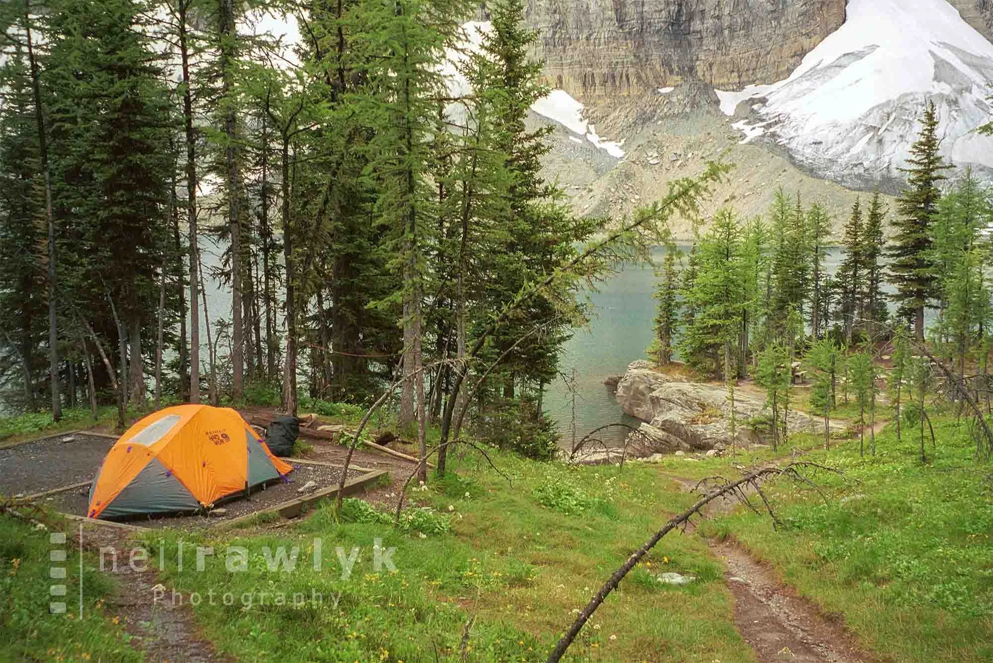 Campsite and tent at Floe Lake