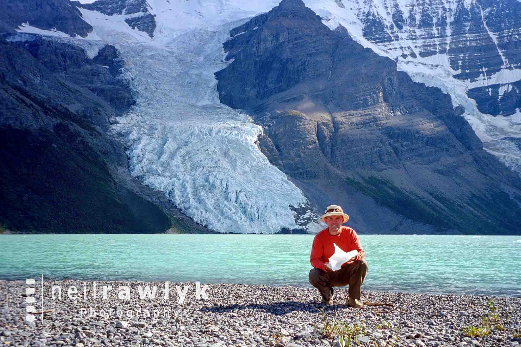 Neil holding an iceberg at Berg Lake