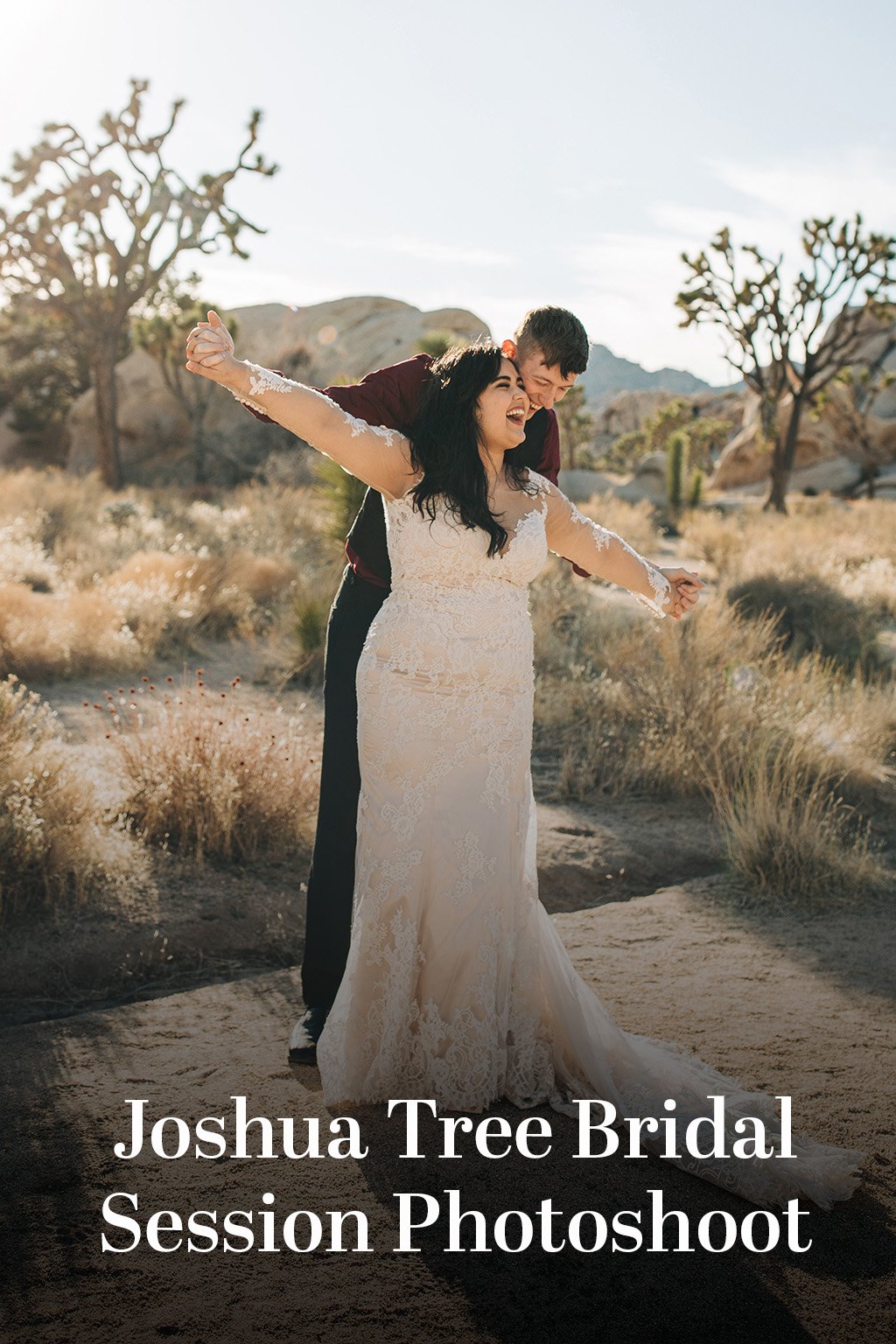 A married couple stands together with the text "Joshua Tree Bridal Session". 
