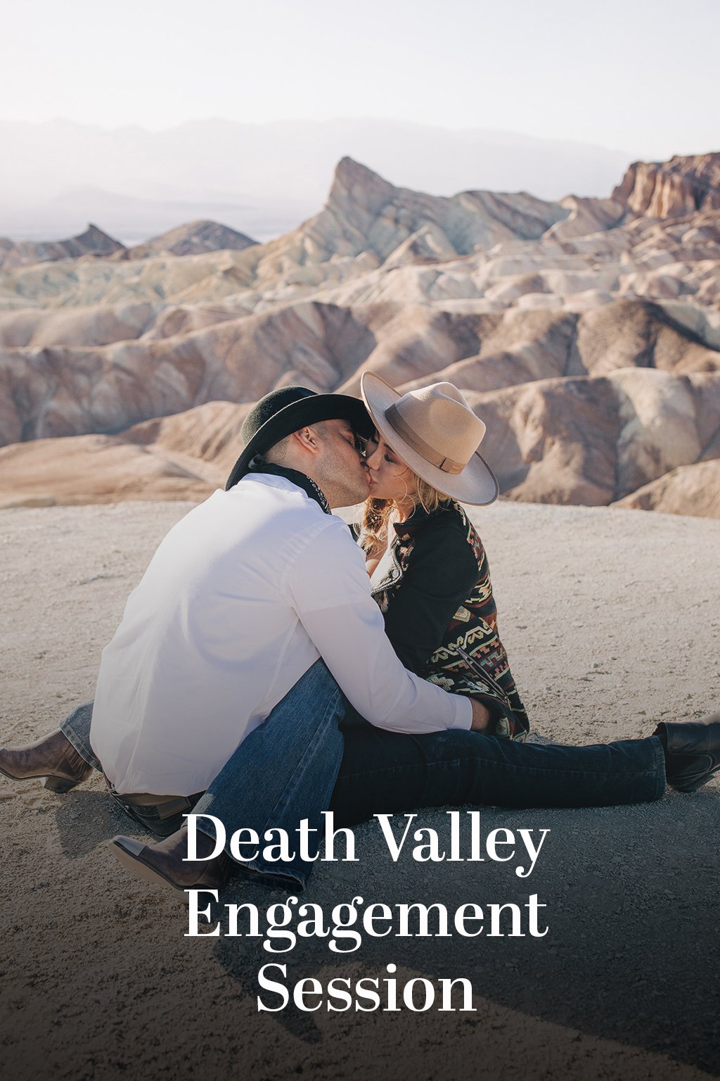 An image of a couple sitting together with the text "Death Valley Engagement Session"