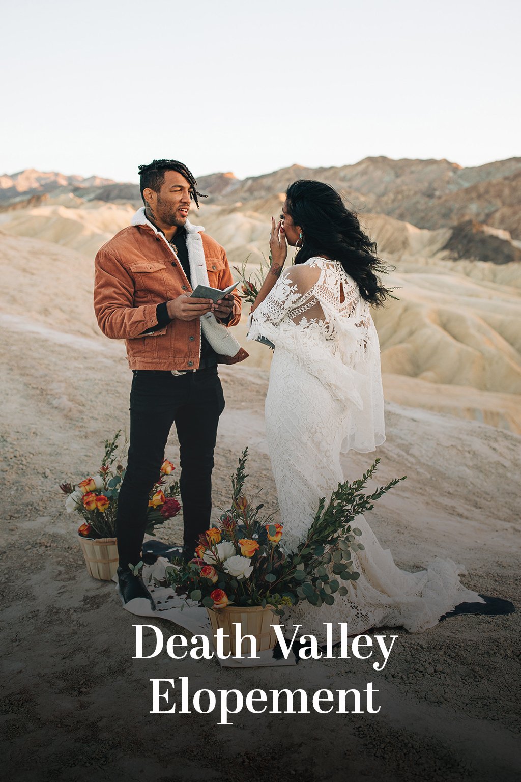 An image of a couple reading vows with the text "Death Valley Elopement"
