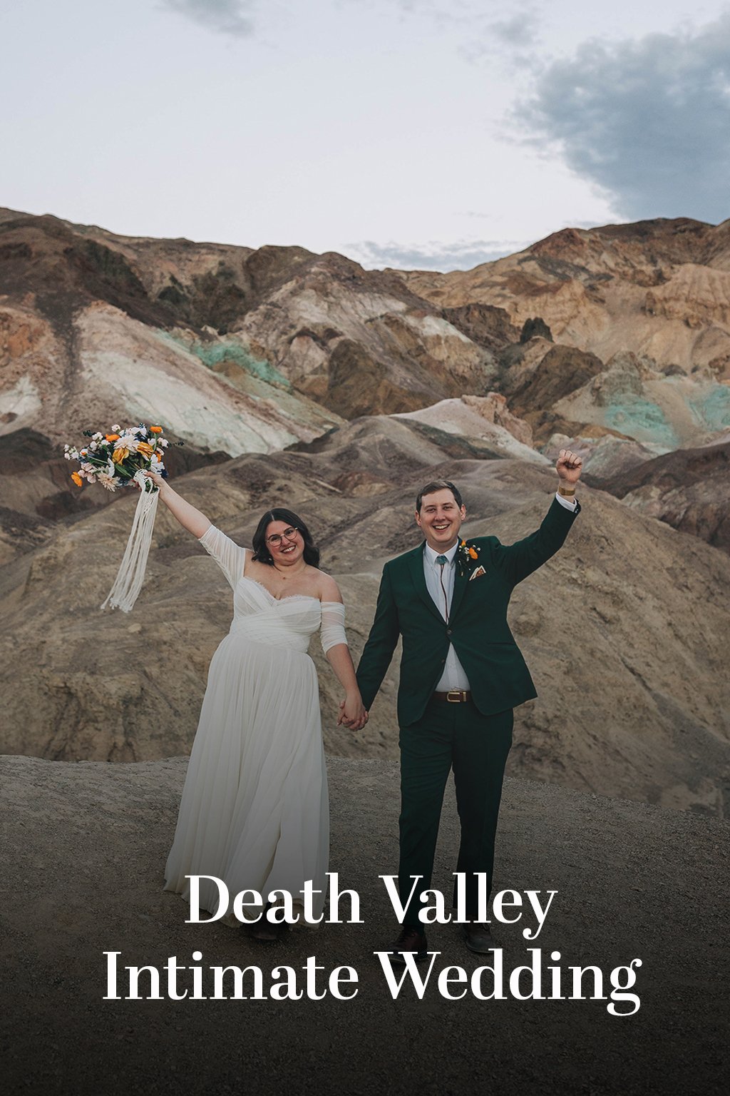 An image of a couple with their arms raised with the text "Death Valley Intimate Wedding"