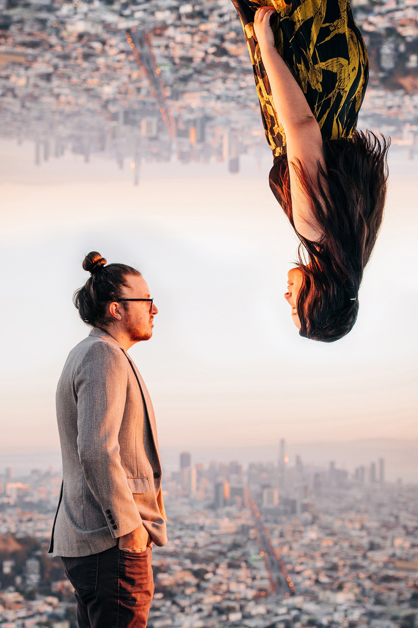 A creative photo of Sean and Diana during their engagement session in San Francisco, California.