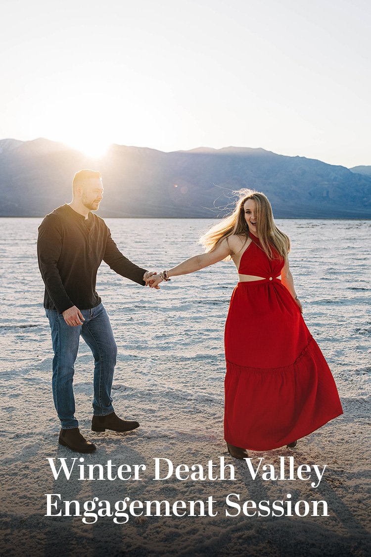 An image of a couple dancing on the salt flats with the text "Winter Death Valley Engagement Session"