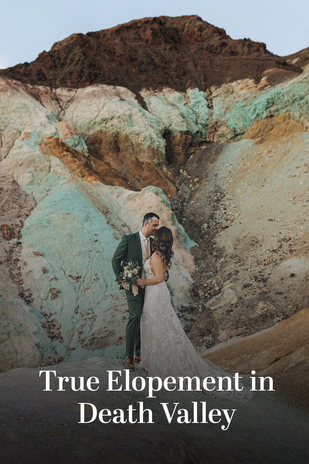 An image of a married couple with the text "True Elopement in Death Valley"
