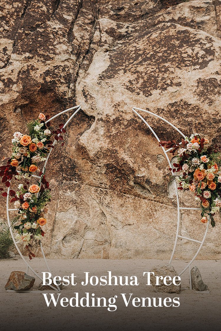 An arch with florals and text reading "Best Joshua Tree Wedding Venues".