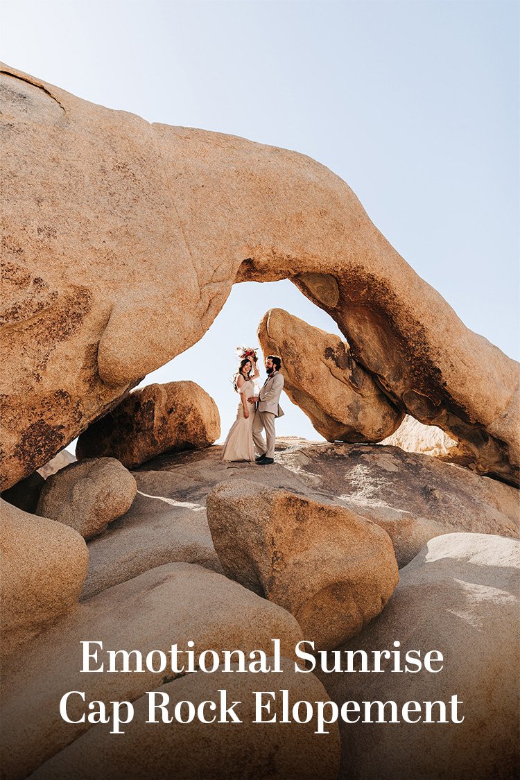 A couple standing in front of a stone arch with the text "Emotional Sunrise Cap Rock Elopement".
