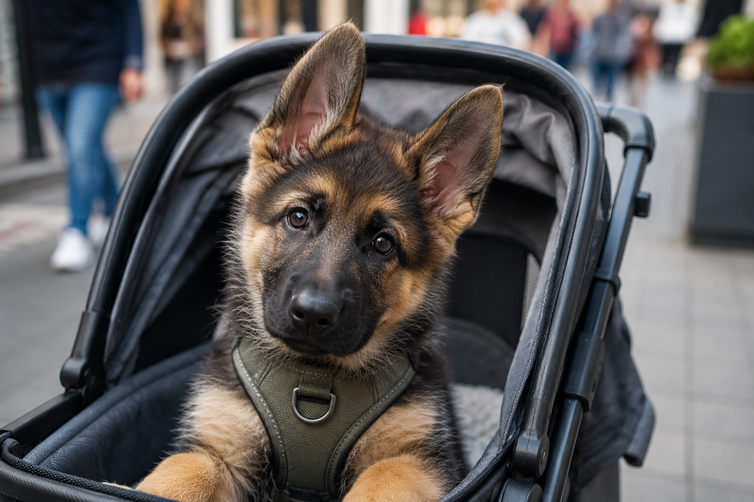 German Shepherd puppy riding in a stroller during a puppy socialization adventure in a quiet Chicago neighborhood.