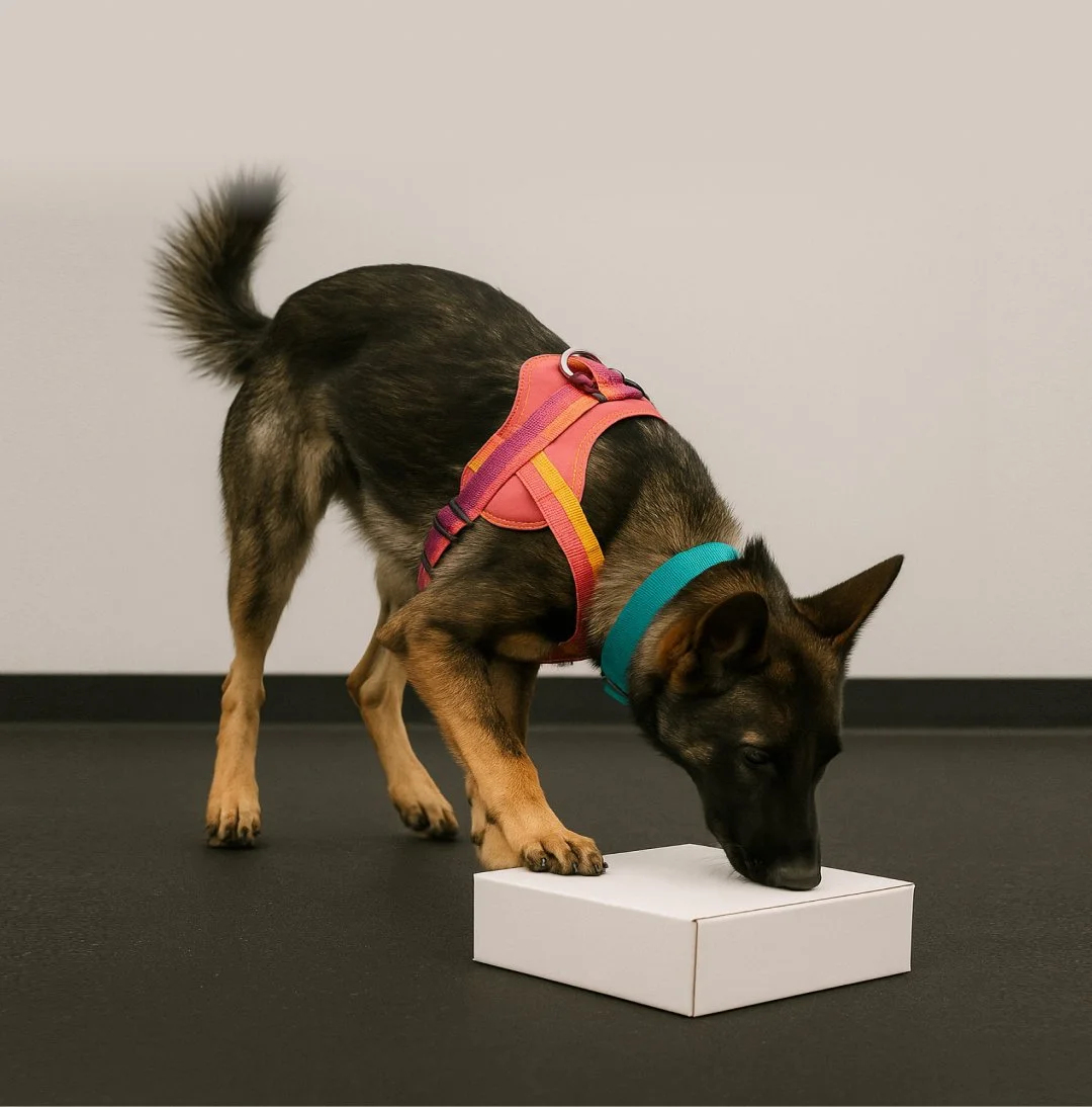 A dog wearing a pink and orange harness and a blue collar, sniffing a white box on a black surface against a plain light-colored wall.
