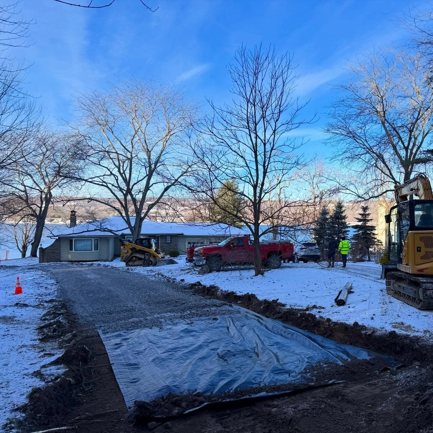 🥶A bit colder start than comfortable - but it is a beautiful morning when construction starts. 👷&zwj;♀️ Looking forward to sharing progress along the way&hellip; here we go! 
#landscapearchitecture #fingerlakesny #lakehome #outdoorliving #residenti