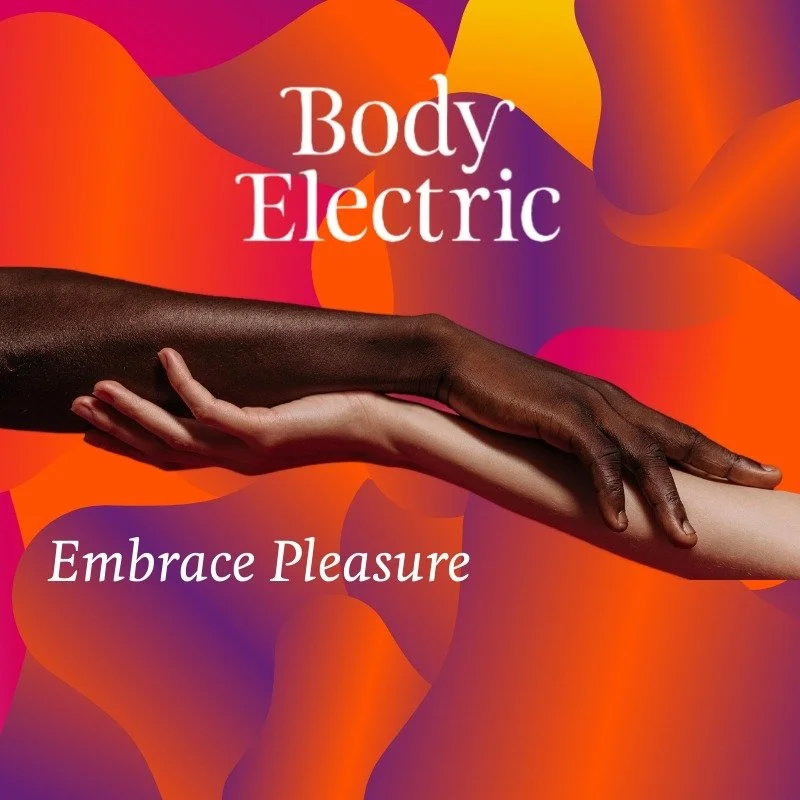 Logo for the Body Electric school with two hands overlapping as if caressing and the tagline "Embrace Pleasure".