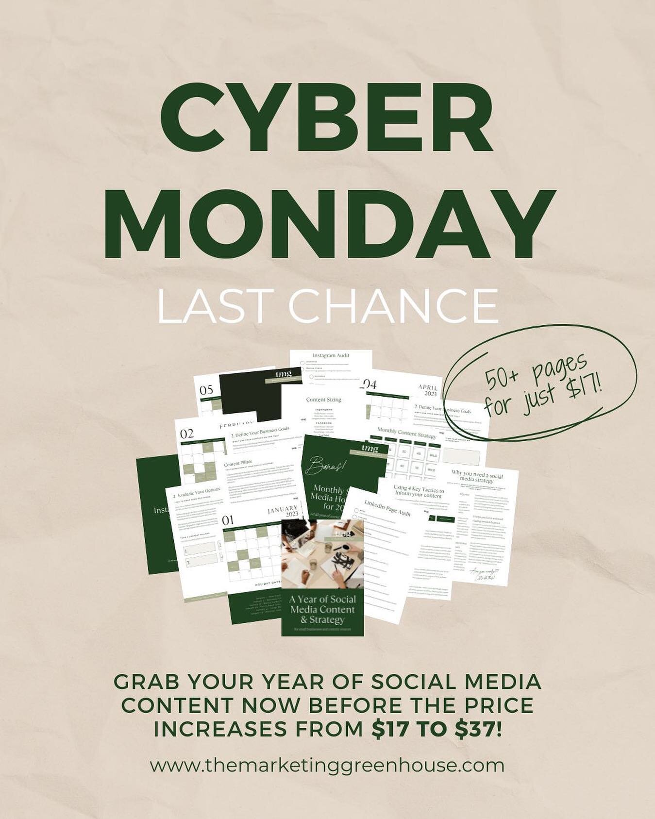 Happy Cyber Monday!! Tonight is your LAST CHANCE to get our Year of Social Media Content for $17 before the price goes up to $37. If you want to hit the easy button in 2023, head to the link in our bio to claim your download now! 🚨🚨