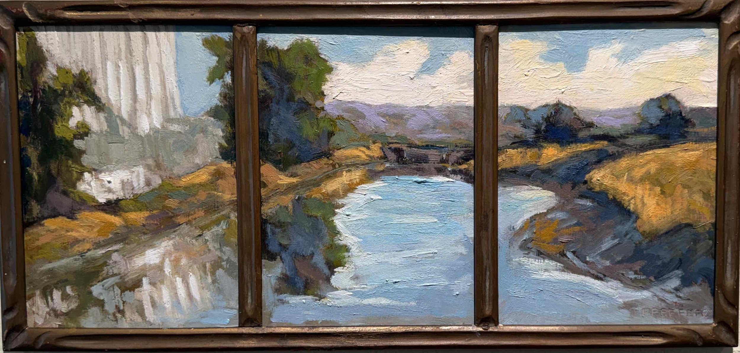 Petaluma River 7x15 Triptych Antique Frame