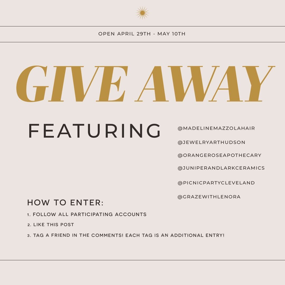 The ULTIMATE SPRING GIVEAWAY featuring 6 local, women owned businesses! 
-
The winner will be gifted the following: 
-
1. Lived-in color service from @madelinemazzolahair 
2. $200 gift certificate from @jewelryarthudson 
3. $100 gift card &amp; a jar
