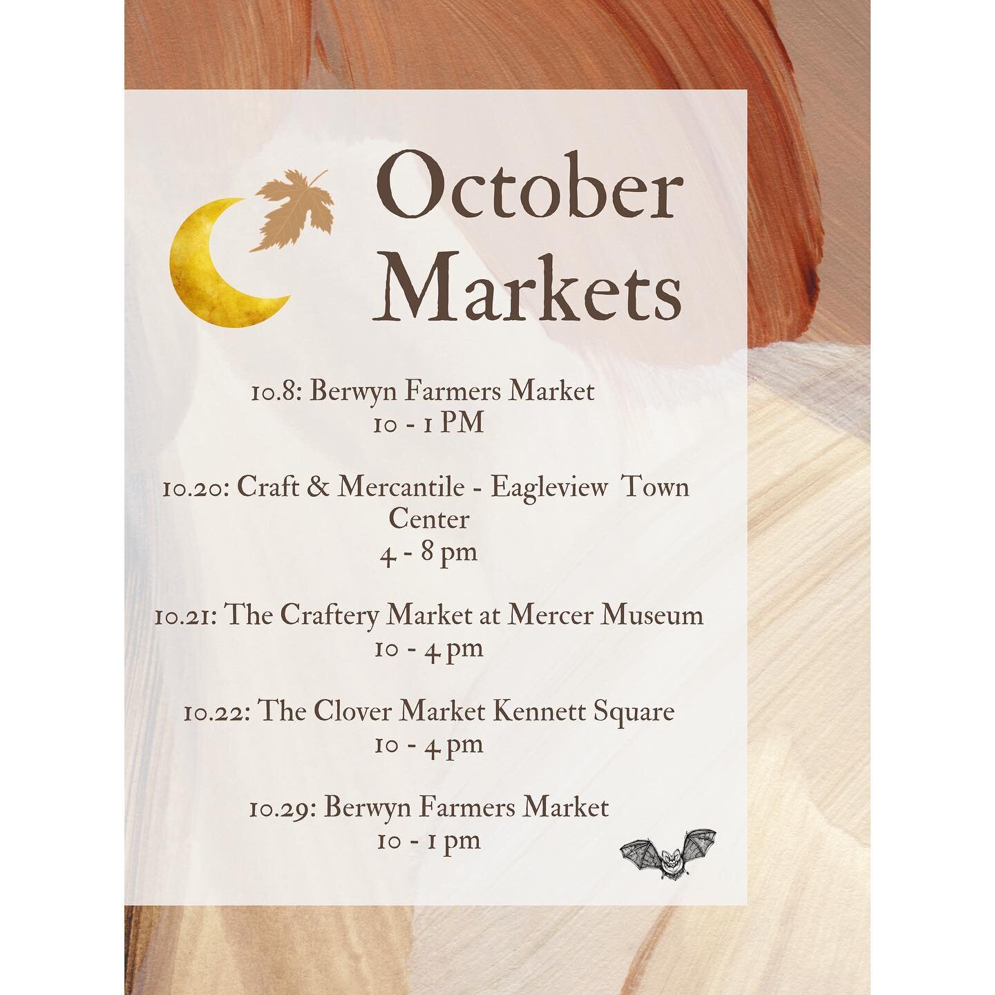 Good things are on the horizon. ✨

It's hard to believe that we are nearly halfway through October! I've got some great markets lined up and this weekend is jammed packed with three great events!

Catch me for the remainder of the month at the follow
