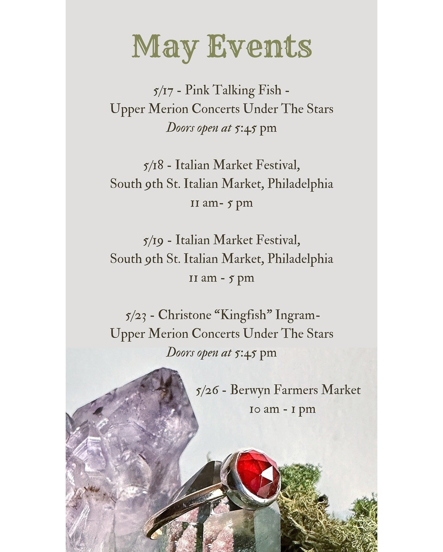May is lookin' good, my friends!

Here is my event lineup for the remaining month of May. I'm thrilled about every single one of these events.

If there is one thing I love just as much as creating jewelry it's live music and I am stoked to be vendin